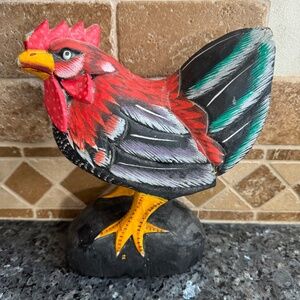 Vintage Carved Wooden Rooster Hand Painted Tones of Red Green & Black 10"